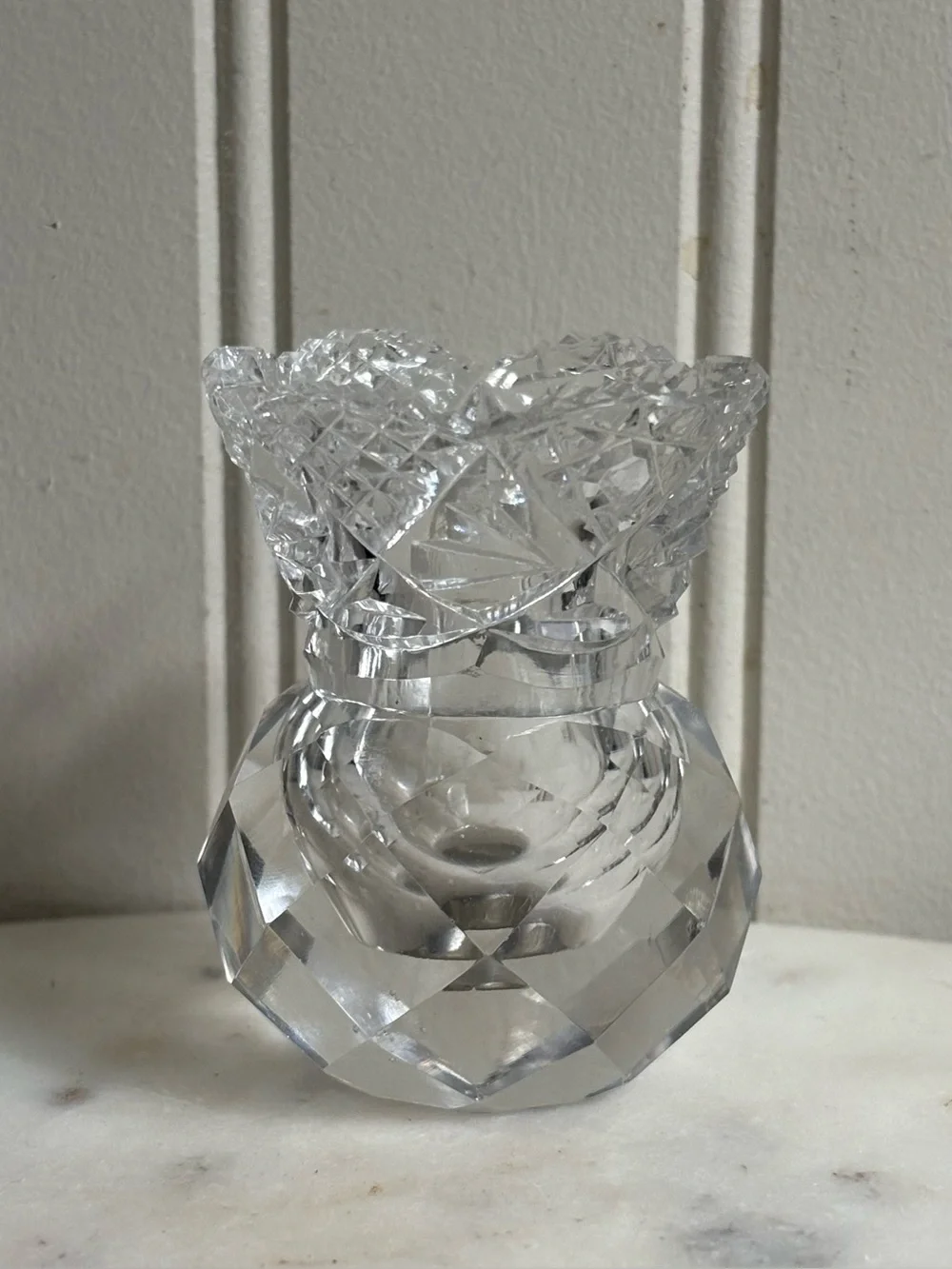 Vintage Diamond Cut Glass Bud Vase/Toothpick Holder VTG Retro Collectible Granny